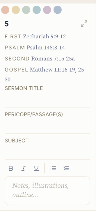 A single day on the calendar: the color bar, the day's readings, the title, pericope, and subject fields, and the notes editor.