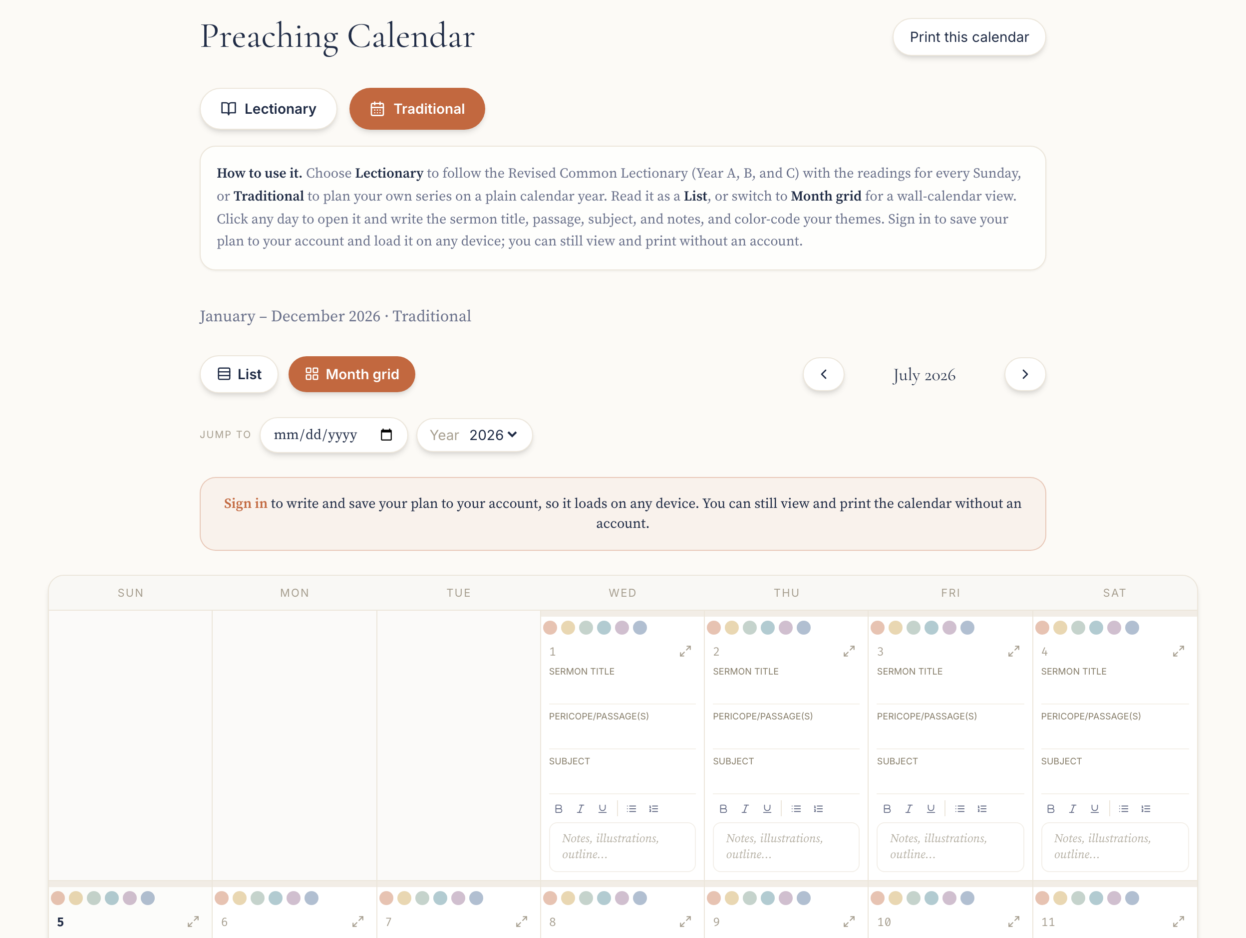 The Preaching Calendar as a traditional calendar, not tied to the lectionary: the same month grid and planning tools with a plain year and no assigned readings.