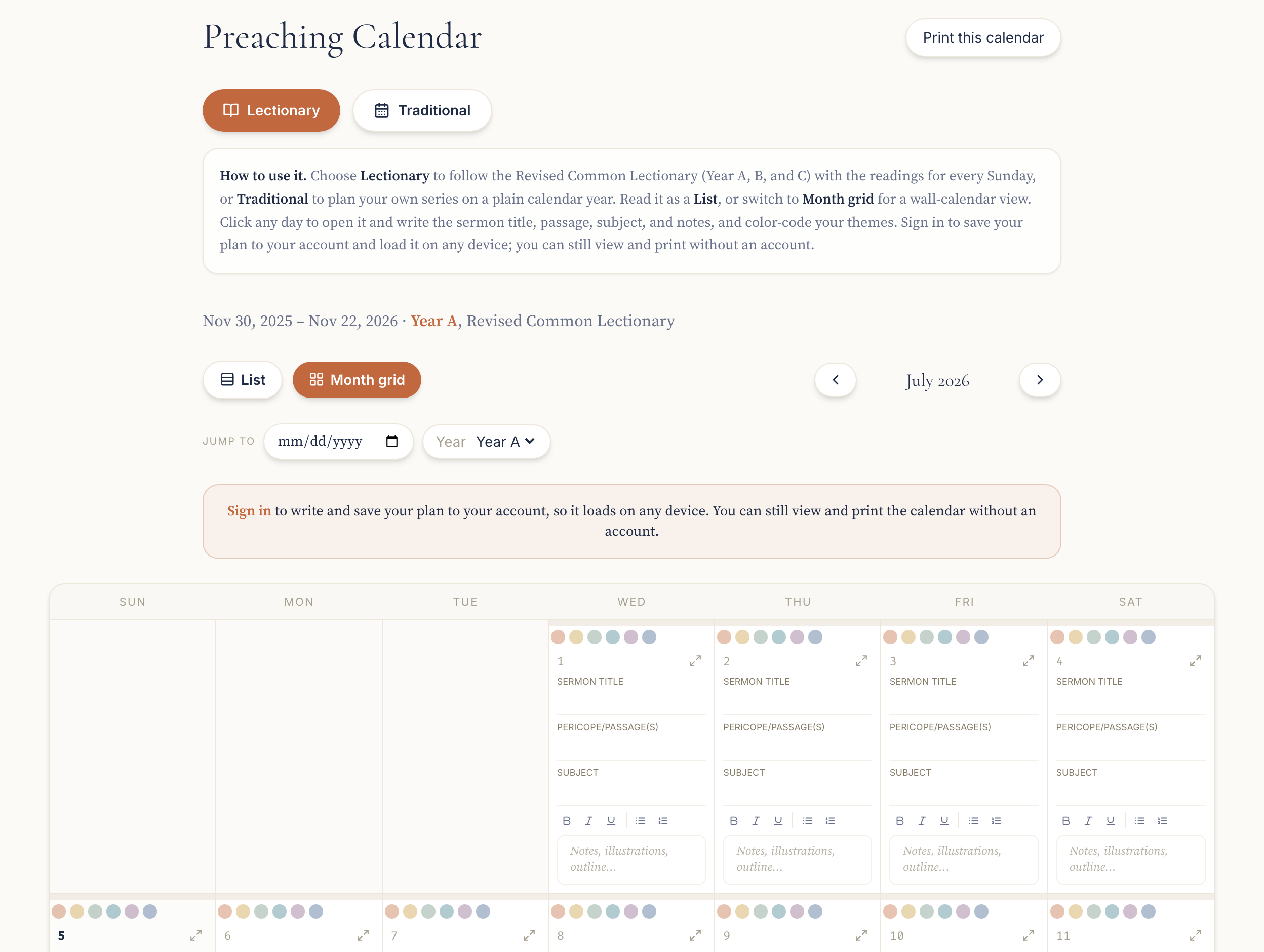The Preaching Calendar following the Revised Common Lectionary: the Lectionary/Traditional and List/Month-grid options, the jump-to controls, and the month grid with the readings, a color bar, and planning fields on every day.