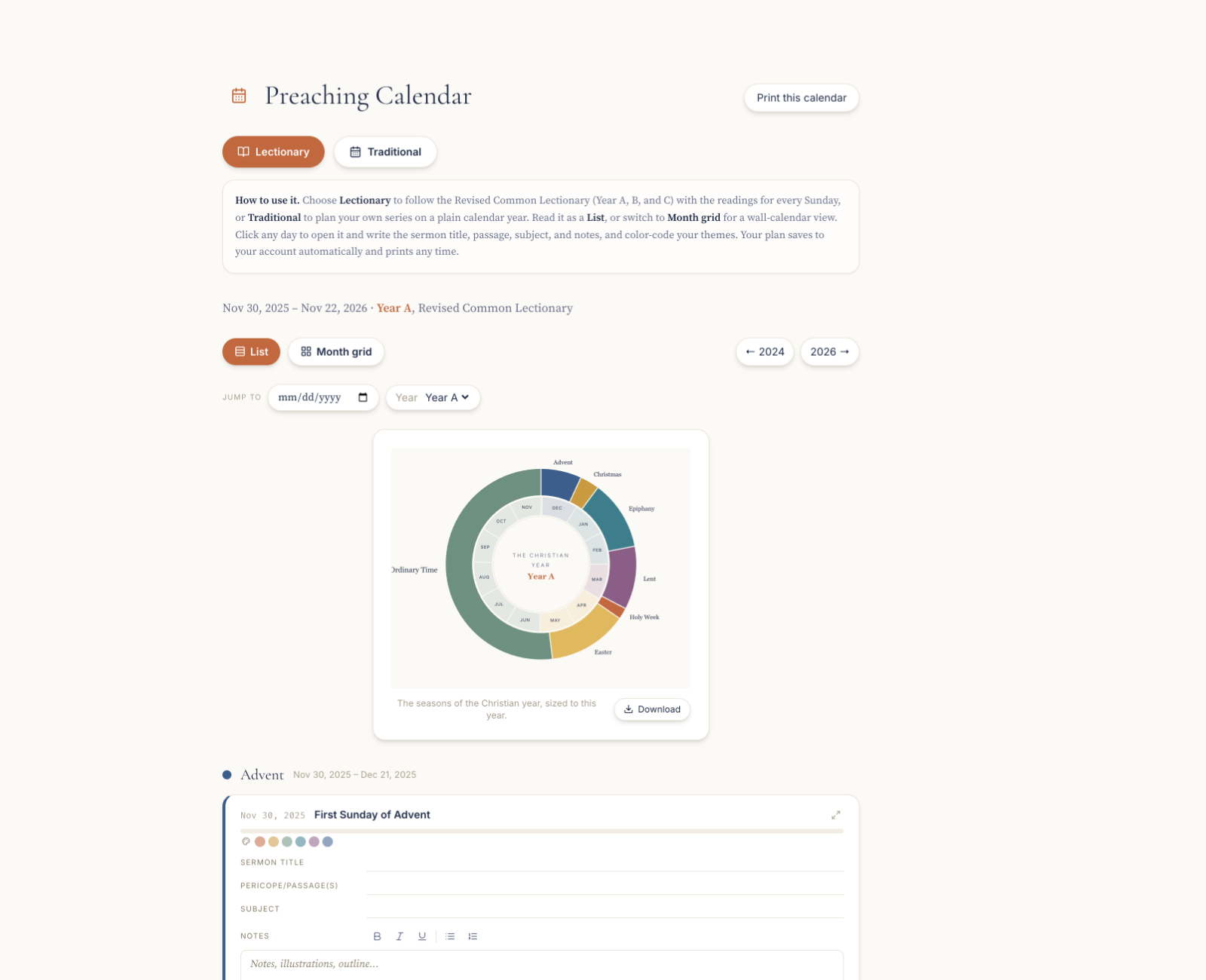 Plan ahead with the Preaching Calendar screen